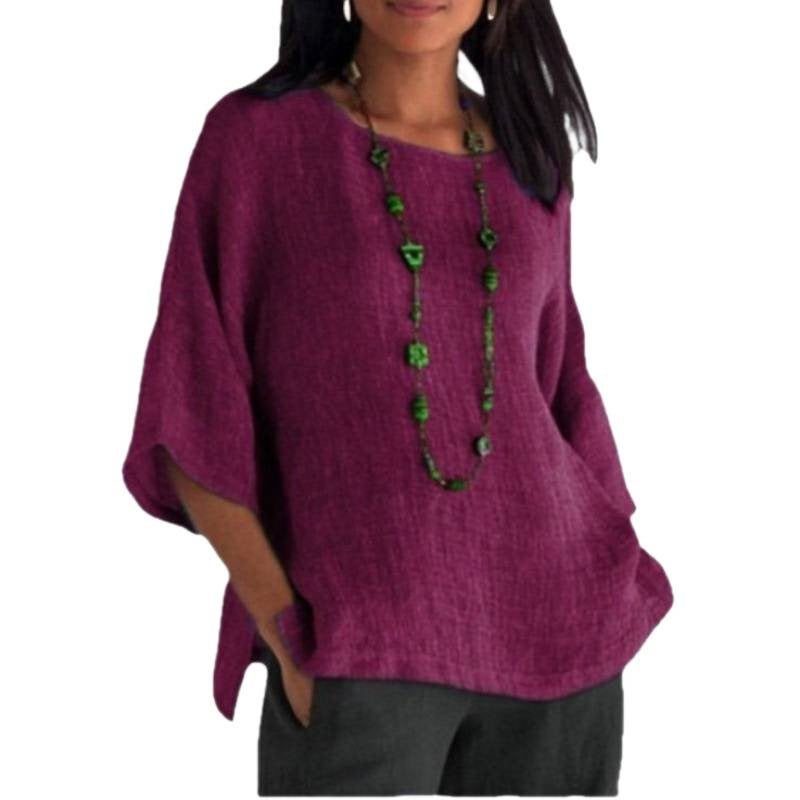 Women's 3/4 Sleeve Round Neck Linen Cotton Blouse - Image 5