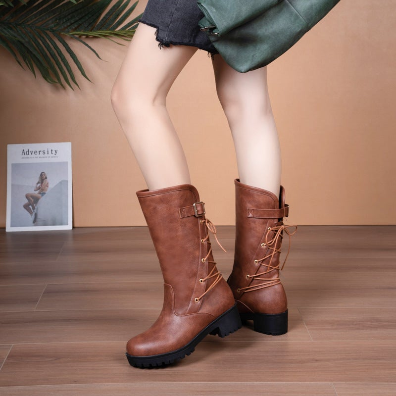 Casual Mid-Heel Mid-Heel Boots 40-43 Plus Size Lace-Up Women'S Boots Tide - Image 2