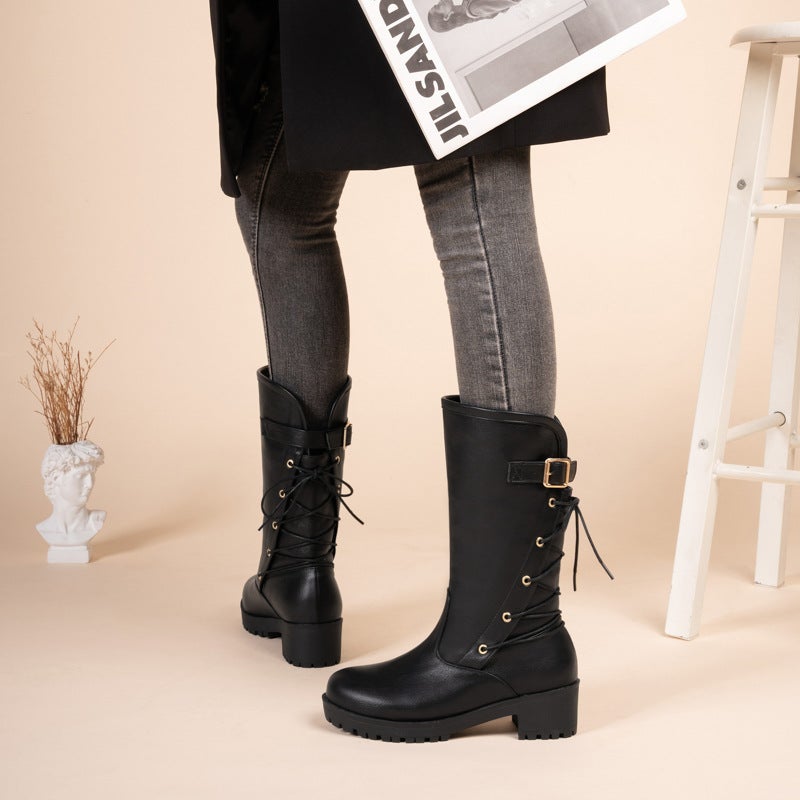 Casual Mid-Heel Mid-Heel Boots 40-43 Plus Size Lace-Up Women'S Boots Tide - Image 3