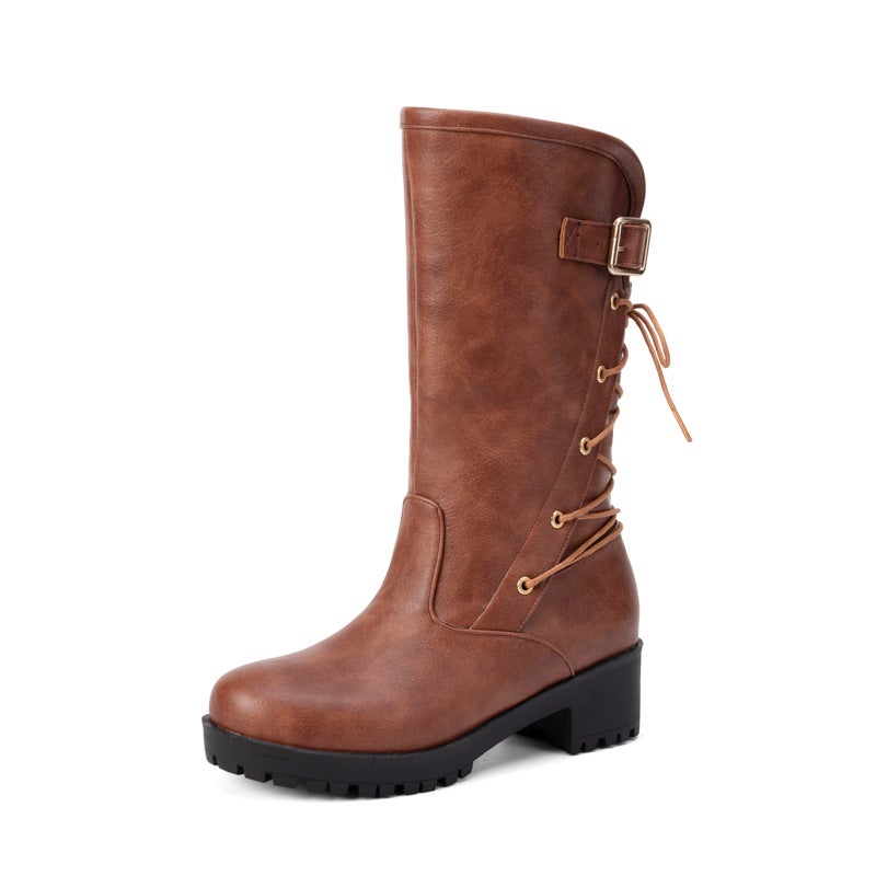 Casual Mid-Heel Mid-Heel Boots 40-43 Plus Size Lace-Up Women'S Boots Tide - Image 1