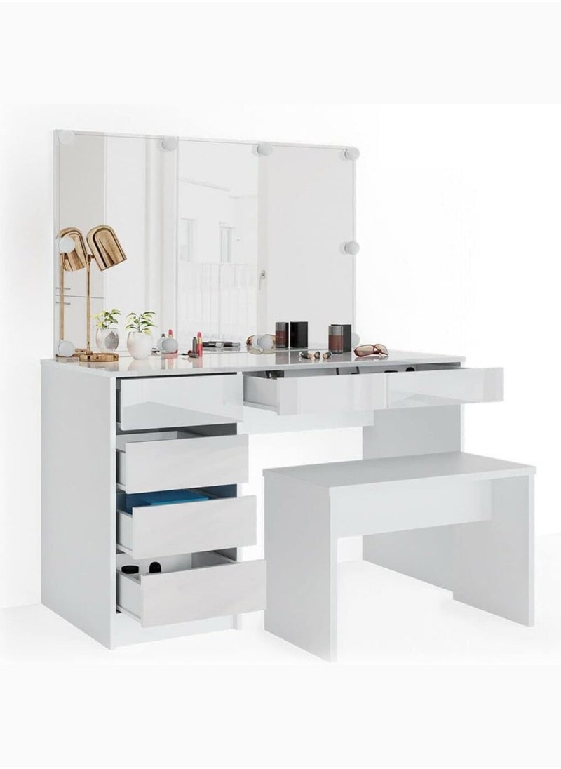 KARNAK Vicco Sherry Dressing Table with Mirror LED Light – 5 Drawer Chest and Bench – Makeup Vanity Desk – Multicolor (120 x 55 x 75 cm)  - Image 1