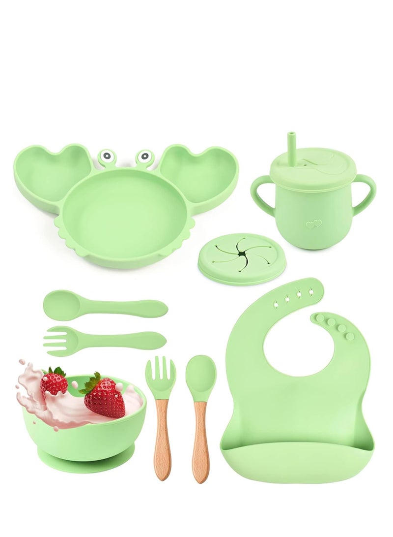 Twisoo 9-Piece Silicone Baby Feeding Set - Suction Plate, Spill-Proof Bib, Spoon & Fork, Leak-Proof Cups, Green - Image 1