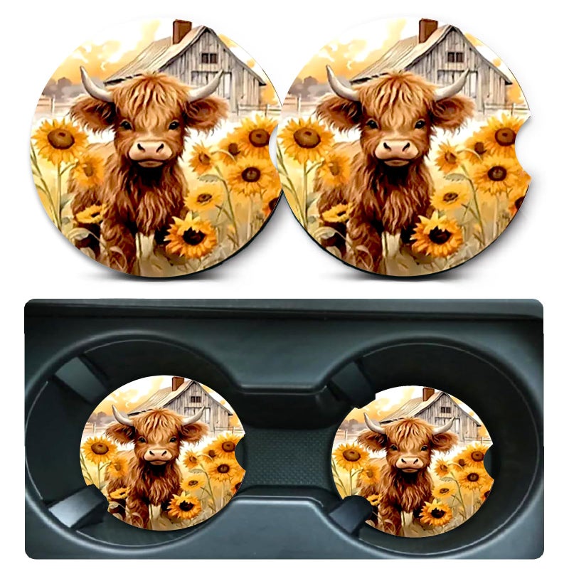 Ldntly Car Coasters for Cup Holders,2 Pack Highland Cow Car Cup Holder Coasters,2.75" Universal Size Anti Slip Rubber Mat,Automotive Cup Holder Decor Accessories,Cow Print Gifts for Women,Men,Mom,Her - Image 1