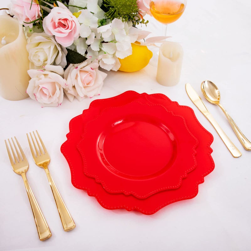 COLOSUS Disposable Plastic Plates 60Pcs  Christmas Red Plastic Party Plates  Heavy Duty 30 Dinner plate 10.5  and 30 Salad/Dessert Plate 8.25  for Christmas party dinner - Image 3