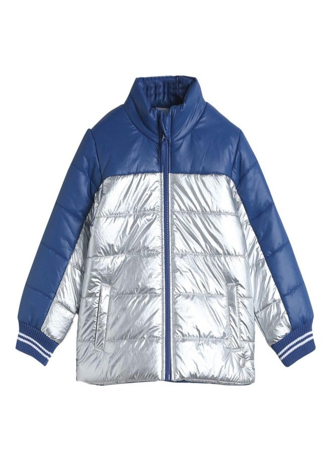 miniklub Baby Collar Full Sleeve Woven Cotton Silver Color Jacket (6-12M) - Image 1