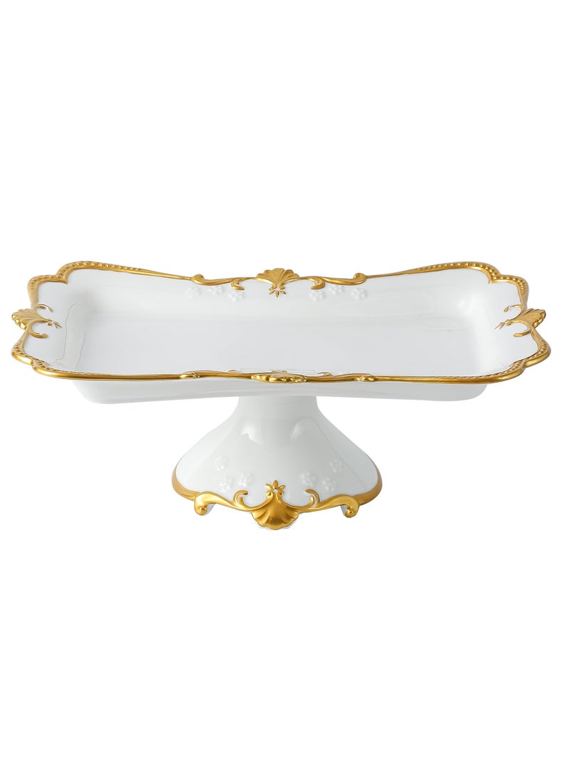 Life Smile LIFE SMILE White Cake Plate with Floral Gold Stand - Luxury Bone China Pastry & Dessert Server  - Image 1