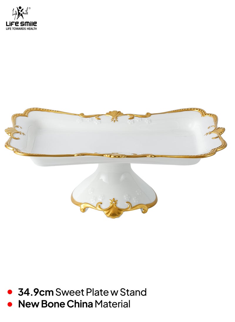 Life Smile LIFE SMILE White Cake Plate with Floral Gold Stand - Luxury Bone China Pastry & Dessert Server  - Image 2