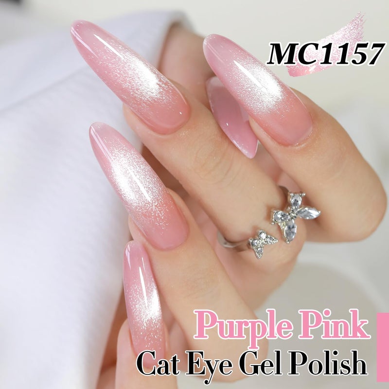 Double Rhythm 0.5 Oz Cat Eye Gel Polish with Magnet Same Color Same Bottle Holographic Glitter Shimmer Translucent Color Salon 15 ML Magnetic Nail Art (Purple Pink-MC1157) - Image 3