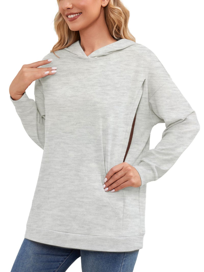 Ecavus Women's Maternity Nursing Sweatshirt Hidden Zipper 2025 Long Sleeves Oversize Breastfeeding Pullover Tops with Pockets Light Grey - Image 1