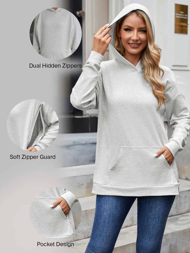 Ecavus Women's Maternity Nursing Sweatshirt Hidden Zipper 2025 Long Sleeves Oversize Breastfeeding Pullover Tops with Pockets Light Grey - Image 4