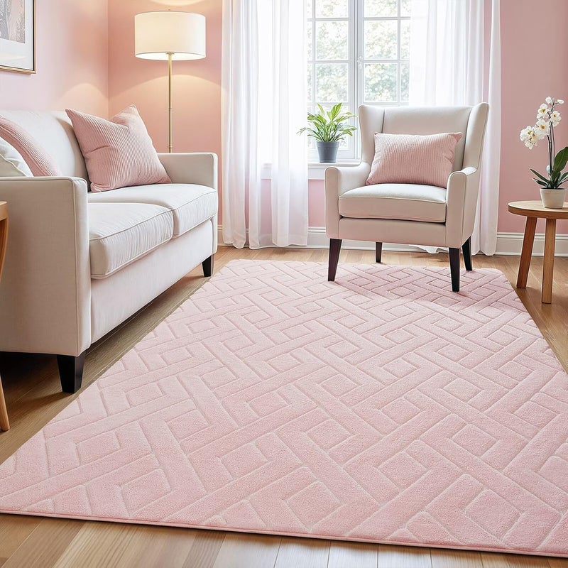 Macgace Ultra Soft Pink Area Rug for Girls Bedroom, 3x5 Modern Geometric Shag Rugs with Nonslip Backing for Living Room, Washable Fuzzy Carpet for Cozy Kids Room Nursery - Image 1