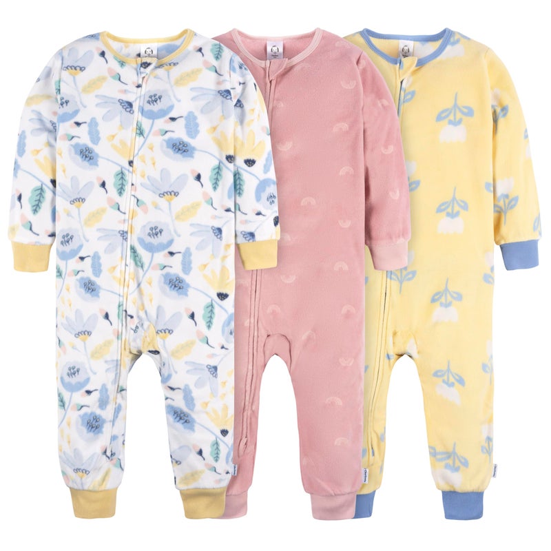 Gerber Baby Girls' Toddler Loose Fit Fleece Footless Pajamas 3-Pack, Multi Floral, 12 Months - Image 1