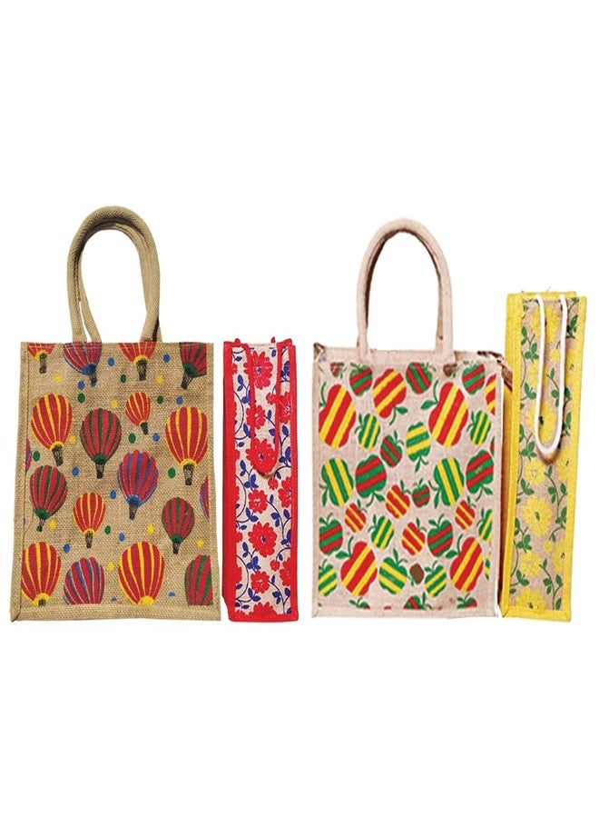 FLIHAUT Eco-Friendly Reusable Pack of 4 Unisex Printed Multipurpose Grocery, Shopping, Tiffin, Zipper Parachute -14" H x 12" L x 6" W, Apple -12" H x 12" L x 6" W,Bottle Cover -15" H x 5 "L x 4" W - Image 1