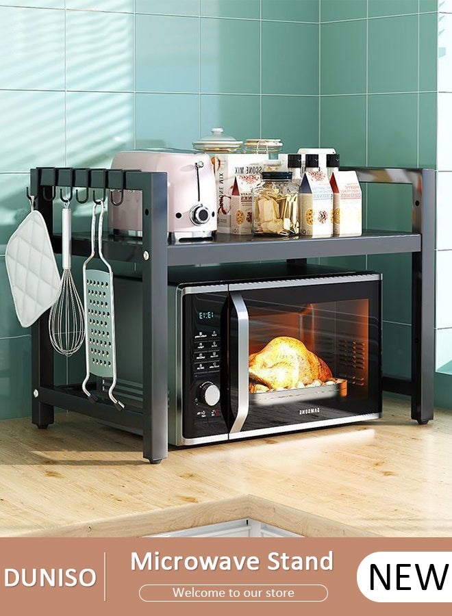 DUNISO رف ميكروويف قابل للتعديل بارتفاعين، رف ميكروويف، رفوف تنظيم المطبخ المعدنية مع 6 خطافات، رف توستر قوي لتحمل الوزن، منظم سطح المطبخ للمكتب المنزلي - Image 1