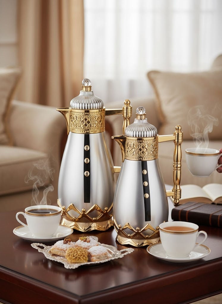 GAZELLA 2-Piece Tea/Coffee Flask Set  0.6L & 1.0L Silver/Gold - Image 1