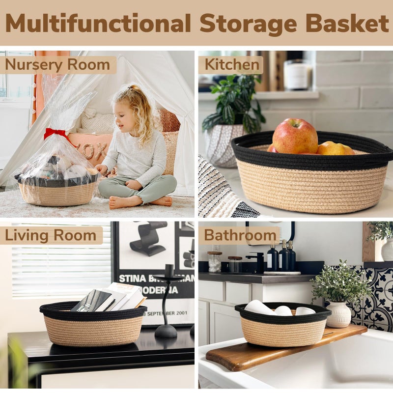 Goodpick Small Woven Basket, Decorative Basket for Home Decor, Small Woven Baskets with Handles for Gifts, Dog Toy Bin, Storage Baskets for Bathroom, Living Room, 12"x 8" x 5", Jute and Black - Image 4