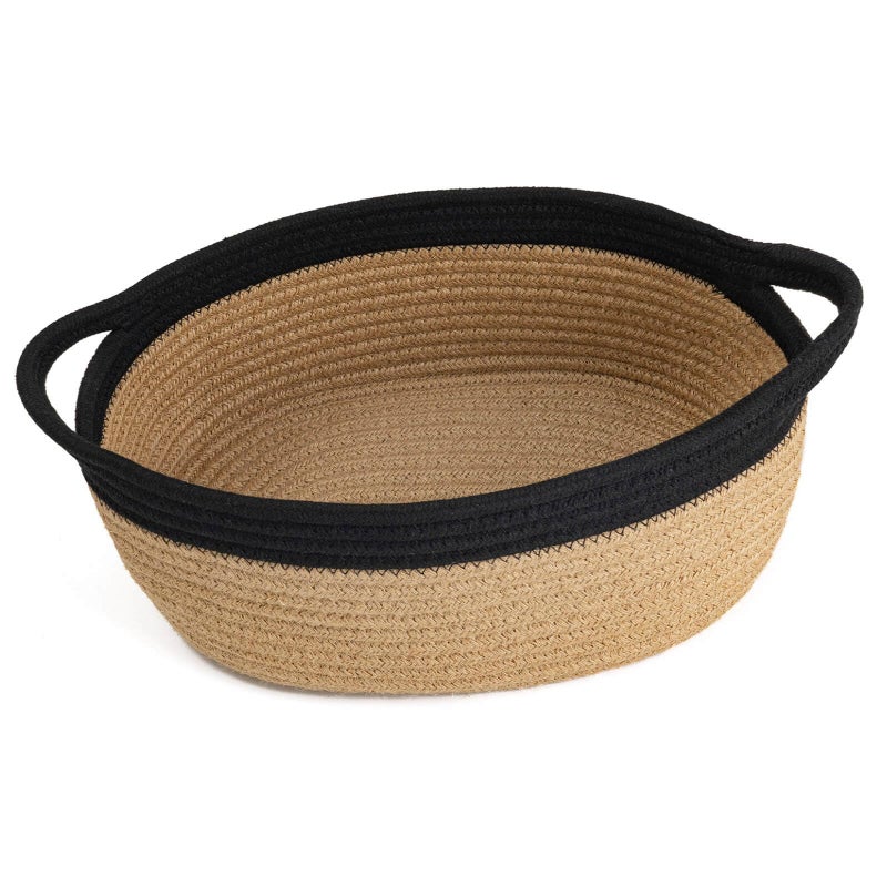 Goodpick Small Woven Basket, Decorative Basket for Home Decor, Small Woven Baskets with Handles for Gifts, Dog Toy Bin, Storage Baskets for Bathroom, Living Room, 12"x 8" x 5", Jute and Black - Image 1
