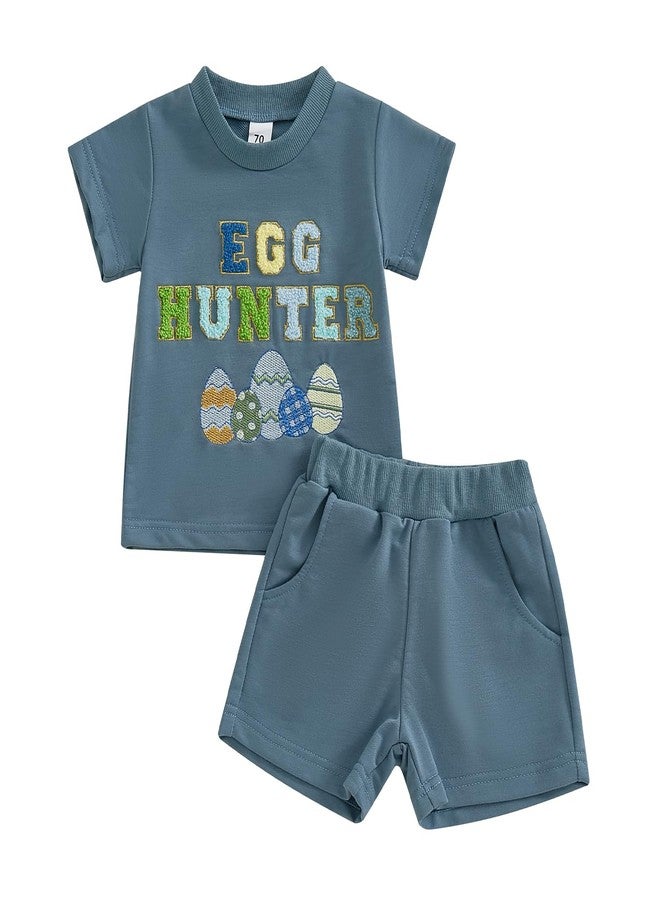 Ayalinggo Baby Boy Girl Easter Outfit Egg Letters Embroidery T Shirt Elastic Waist Pockets Shorts Sets Toddler Summer Clothes (Blue, 12-18 Months) - Image 1