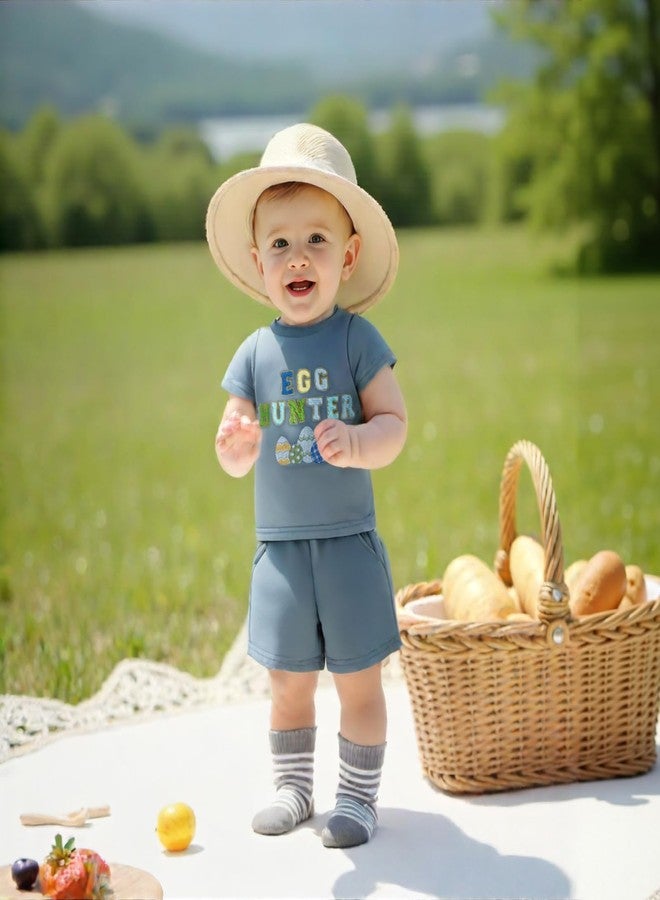 Ayalinggo Baby Boy Girl Easter Outfit Egg Letters Embroidery T Shirt Elastic Waist Pockets Shorts Sets Toddler Summer Clothes (Blue, 12-18 Months) - Image 2