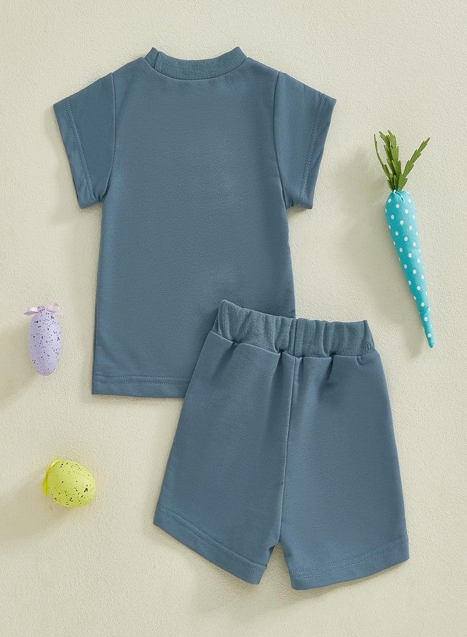 Ayalinggo Baby Boy Girl Easter Outfit Egg Letters Embroidery T Shirt Elastic Waist Pockets Shorts Sets Toddler Summer Clothes (Blue, 12-18 Months) - Image 3