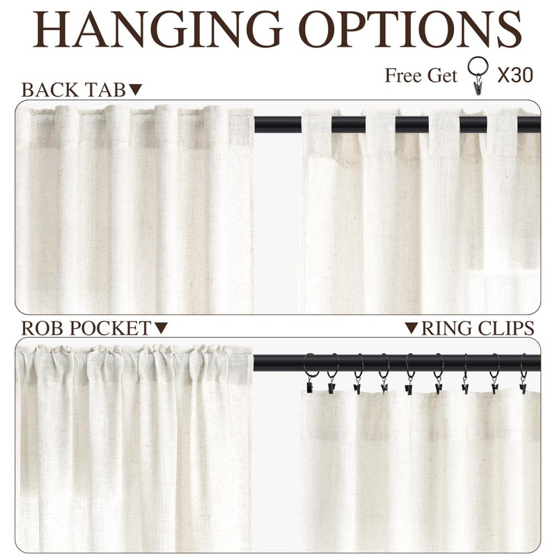SPWIY Linen Extra Wide Curtain 100 Inch for Patio Silding Glass Doors 1 Panel Natural Semi Sheer Light Flitering Curtains Back Tab Farmhouse Boho Room Divider Drapes for Living Room Cream W100xL84 - Image 2