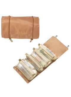Roll Up Makeup Bag, Hanging Toiletry Bag, 4 in 1 Detachable Cosmetic Bag, 4 Removable Storage Bags, Travel Makeup Organizer Bags for Women Men(Khaki)