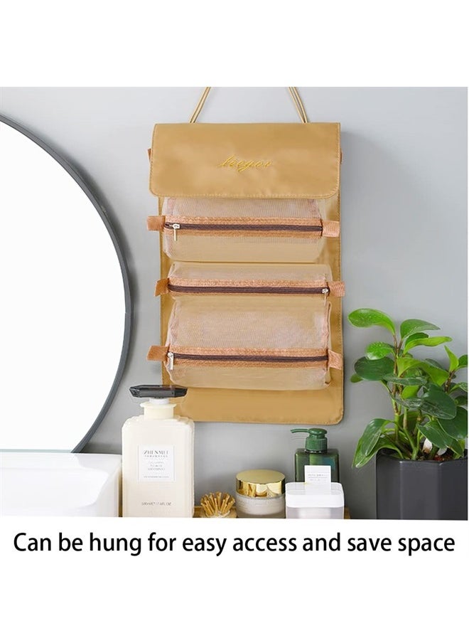 KAKKOii - Roll Up Makeup Bag, Hanging Toiletry Bag, 4 in 1 Detachable Cosmetic Bag, 4 Removable Storage Bags, Travel Makeup Organizer Bags for Women Men(Khaki) - Image 1