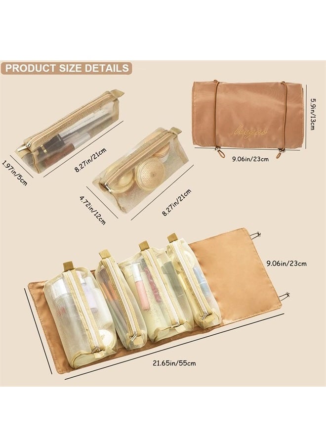 KAKKOii - Roll Up Makeup Bag, Hanging Toiletry Bag, 4 in 1 Detachable Cosmetic Bag, 4 Removable Storage Bags, Travel Makeup Organizer Bags for Women Men(Khaki) - Image 1