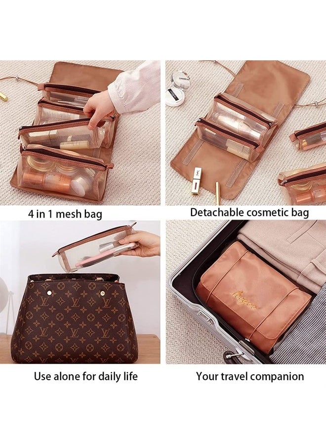 KAKKOii - Roll Up Makeup Bag, Hanging Toiletry Bag, 4 in 1 Detachable Cosmetic Bag, 4 Removable Storage Bags, Travel Makeup Organizer Bags for Women Men(Khaki) - Image 1