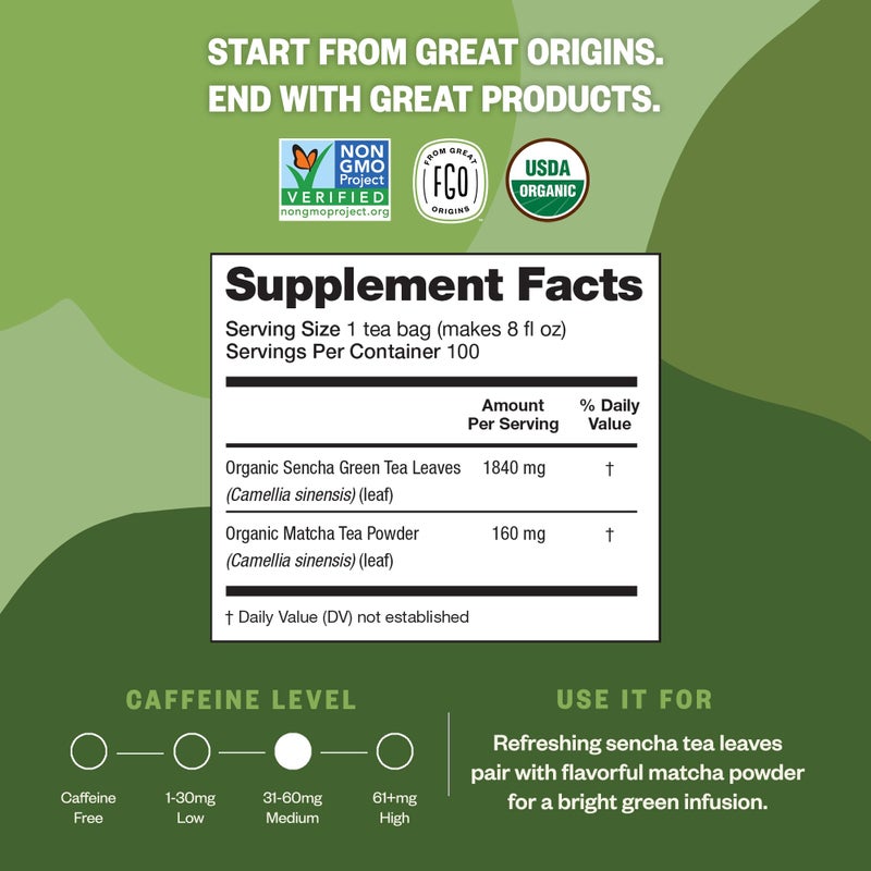 FGO Organic Japanese Matcha + Green Tea, 100 Count, Eco-Conscious Tea Bags, Resealable Bag, Packaging May Vary (Pack of 1) - Image 4