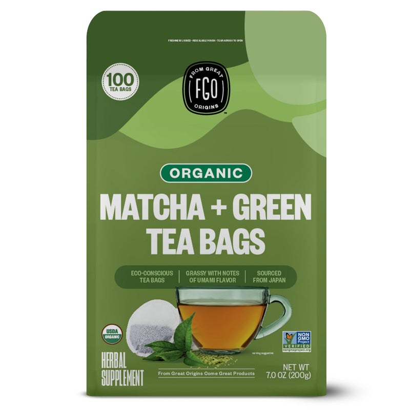 FGO Organic Japanese Matcha + Green Tea, 100 Count, Eco-Conscious Tea Bags, Resealable Bag, Packaging May Vary (Pack of 1) - Image 1
