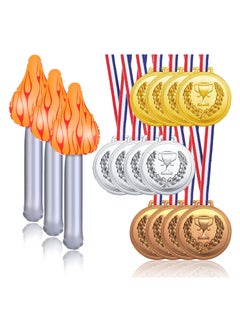 SYOSI 12 Pieces Gold Silver Bronze Plastic Medals Winner Award Olympic Style Metal Awards and 3 Inflatable Torch Inflates for Competition Gymnastic Birthday Party Favors  - Image 1