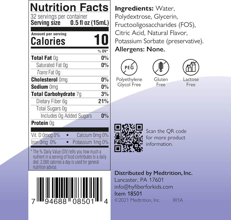 Medtrition ميدترشن هاي فايبر سائل للألياف للأطفال في ملعقة واحدة فقط يدعم الانتظام والبراز الأكثر ليونة FOS بروبيوتيك لصحة الأمعاء 6 جرامات من الألياف 32 حصة لكل زجاجة - Image 3