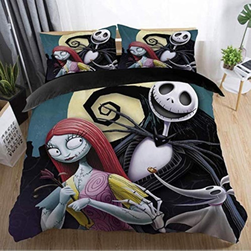 Ankeyoo Duvet Cover Sets Nightmare Christmas Jack and Sally Rose Decor Bedding Set Home Bedroom Decoration Microfiber Fabric No Comforter 3pcs Queen Size