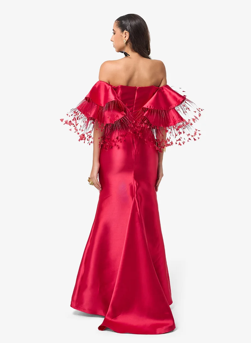 Threadz by Ajooni Ruffle Sleeve Off Shoulder Maxi Dress