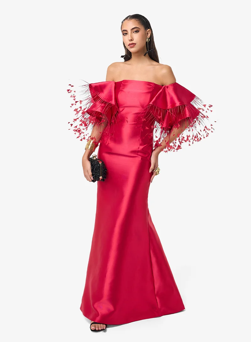 Threadz by Ajooni  Ruffle Sleeve Off Shoulder Maxi Dress for Women | Best Price UAE