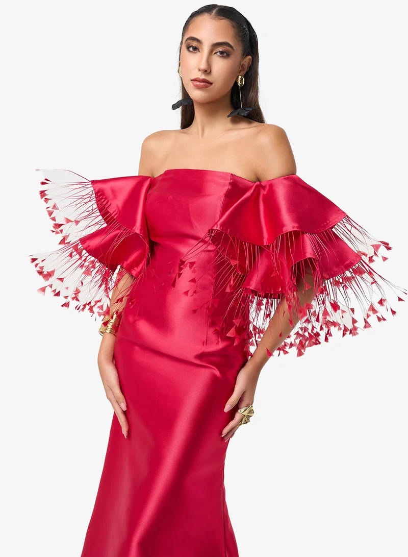 Threadz by Ajooni  Ruffle Sleeve Off Shoulder Maxi Dress for Women | Best Price UAE