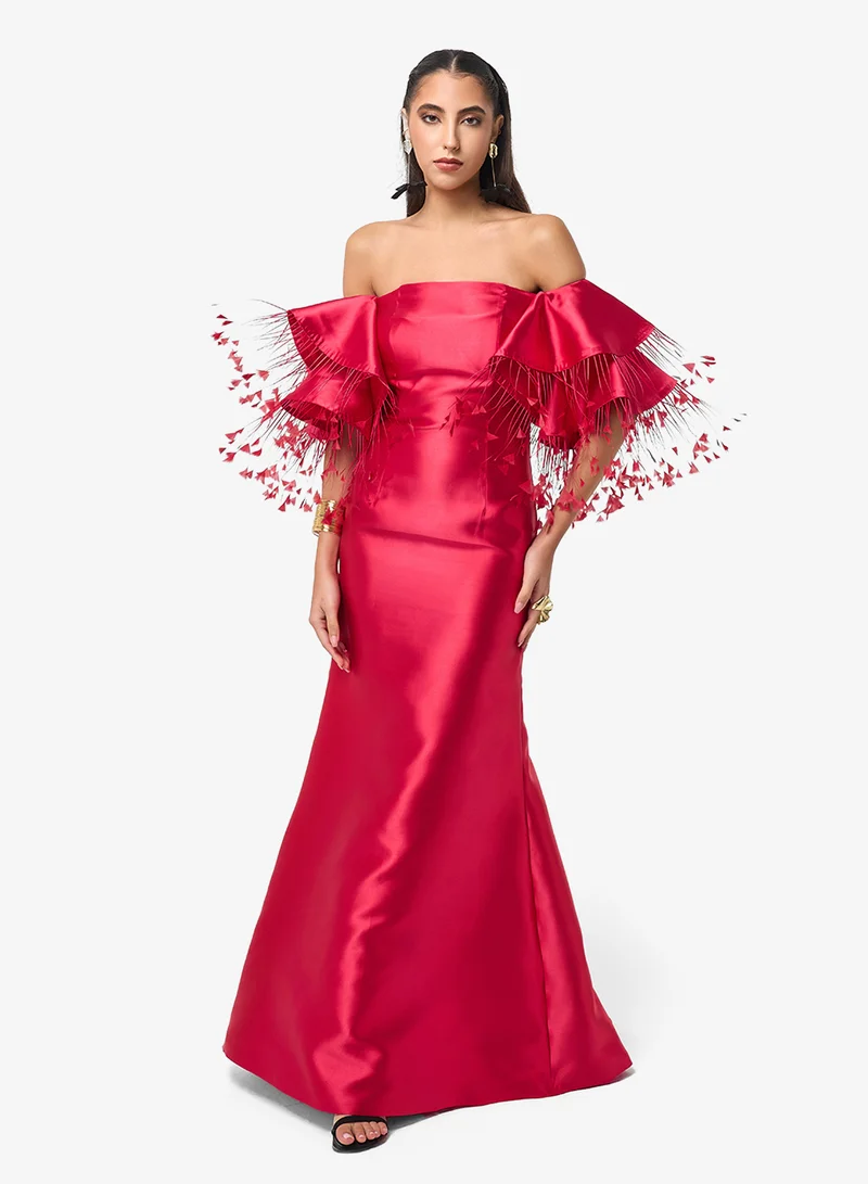 Threadz by Ajooni Ruffle Sleeve Off Shoulder Maxi Dress