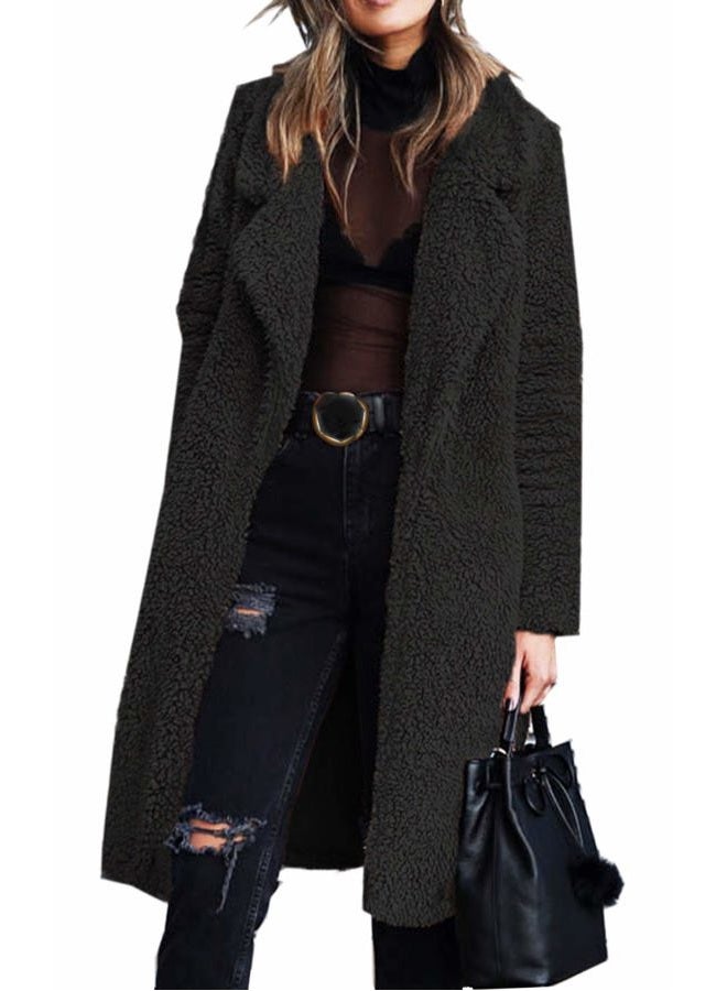 Angashion Women's Fuzzy Fleece Lapel Open Front Long Cardigan Coat Faux Fur Warm Winter Outwear Jackets Black M - Image 1