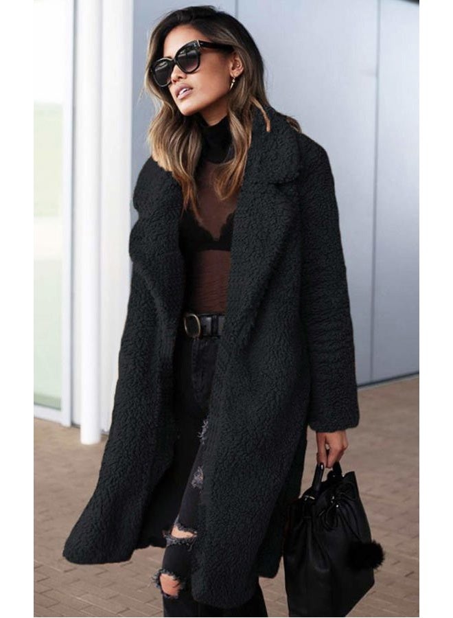 Angashion Women's Fuzzy Fleece Lapel Open Front Long Cardigan Coat Faux Fur Warm Winter Outwear Jackets Black M - Image 2