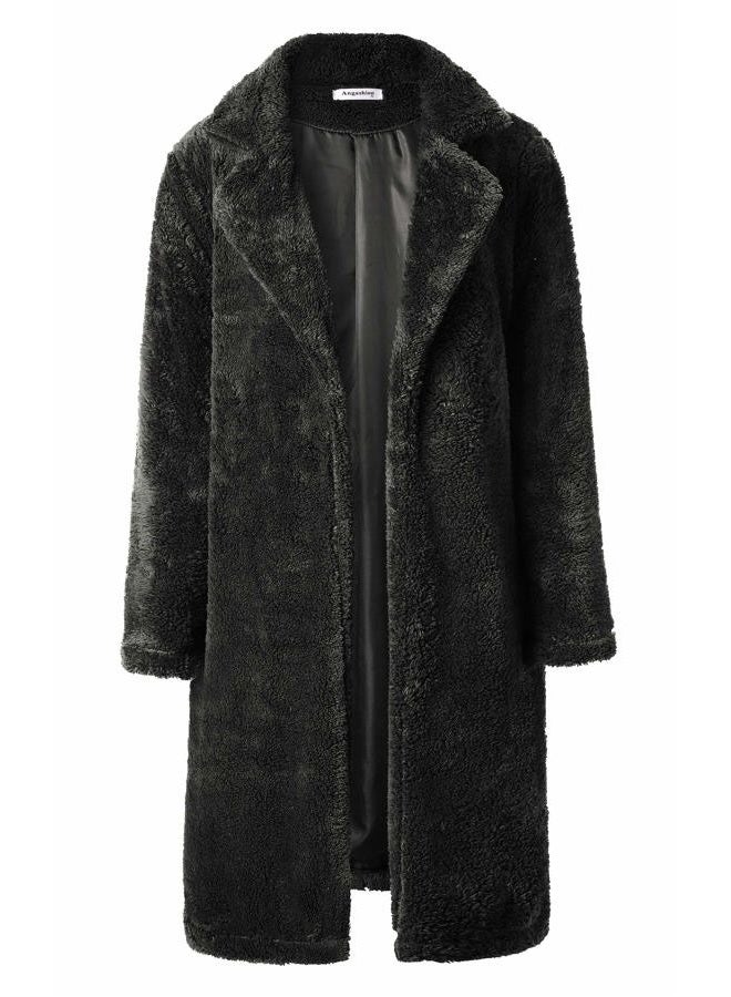Angashion Women's Fuzzy Fleece Lapel Open Front Long Cardigan Coat Faux Fur Warm Winter Outwear Jackets Black M - Image 5