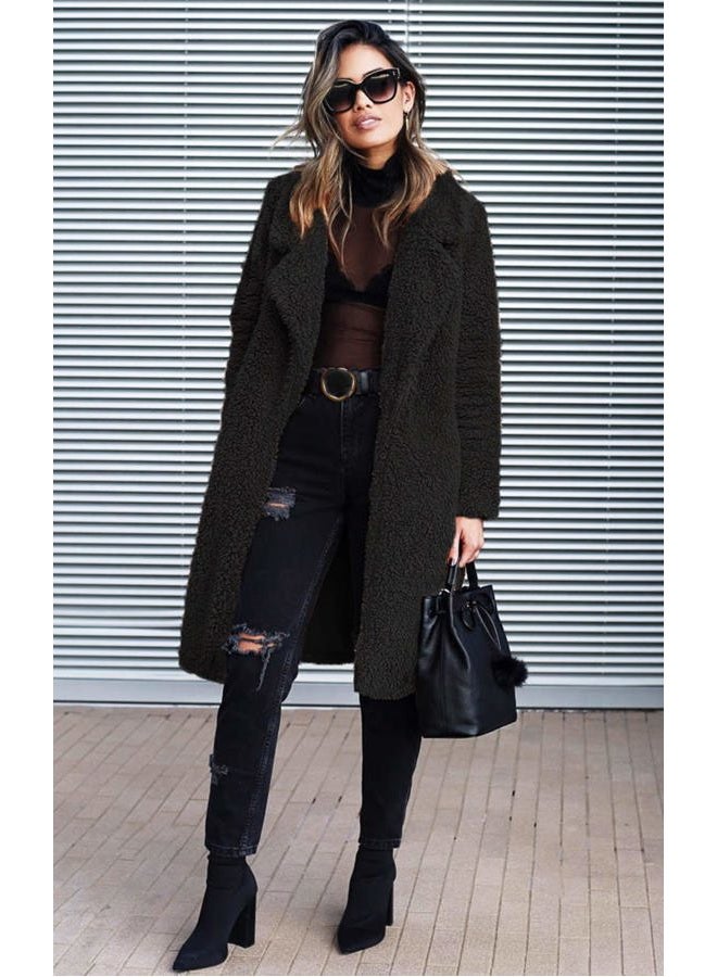 Angashion Women's Fuzzy Fleece Lapel Open Front Long Cardigan Coat Faux Fur Warm Winter Outwear Jackets Black M - Image 4