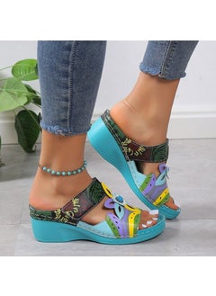New Bohemian Wedge Sandals Colorblock Totem Size 43Blue Blue
