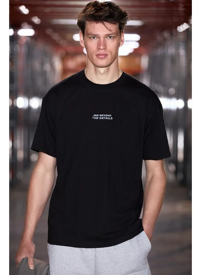 GRIMELANGE VITO Men's 100% Organic Cotton Embroidered Text Detailed Oversize Loose Fit Short Sleeve Black T‑Shirt.