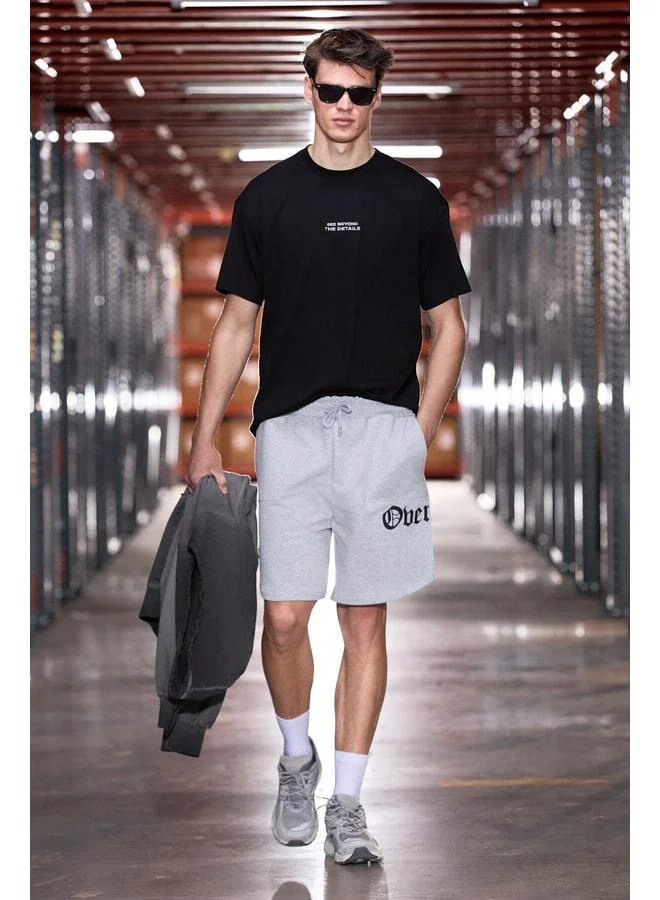 GRIMELANGE VITO Men's 100% Organic Cotton Embroidered Text Detailed Oversize Loose Fit Short Sleeve Black T‑Shirt.