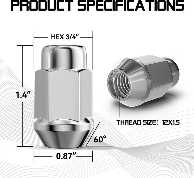 FLYCLE 12x1.5 Wheel Lug Nuts, 20PCS Chrome 12mmx1.5 Closed End Bulge Acorn Lug Nut, Cone Seat, 19mm Hex Aftermarket Wheels - Image 5