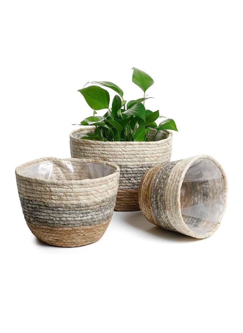 Captaintech Seagrass Plant Basket Set of 3 - Hand Woven Basket Indoor Outdoor Storage Flower Pot Cover with Interior Plastic Coatin Home Decor & Natural Plant Containers  - Image 1