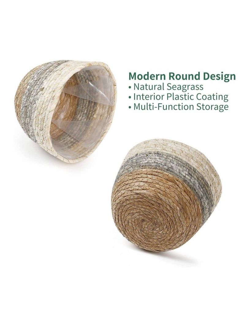 Captaintech Seagrass Plant Basket Set of 3 - Hand Woven Basket Indoor Outdoor Storage Flower Pot Cover with Interior Plastic Coatin Home Decor & Natural Plant Containers  - Image 3