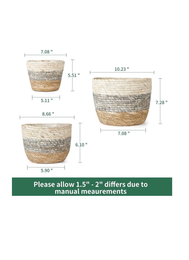 Captaintech Seagrass Plant Basket Set of 3 - Hand Woven Basket Indoor Outdoor Storage Flower Pot Cover with Interior Plastic Coatin Home Decor & Natural Plant Containers  - Image 2