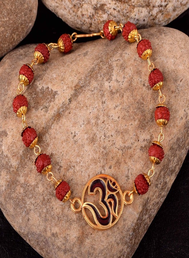 Morir Gold Plated Hindu Om Design with Rudhraksh Traditional Rakshabandhan Rakhee Bracelet for Bhayi Bro Veera Bhabhi Bhayia - Image 3